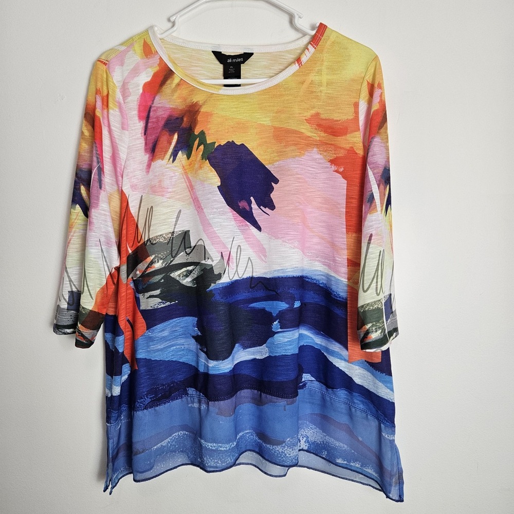 Ali Miles Tunic Top Sz PETITE L Vibrant Art To Wear Colorful Lightweight Blouse